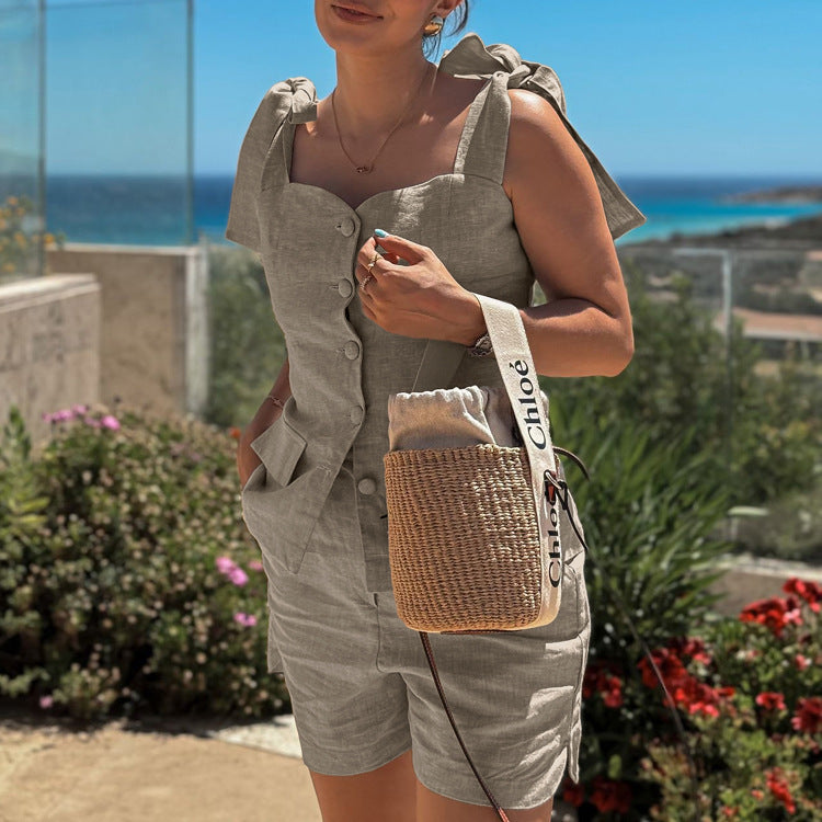 Cotton Bow Suspenders Vest Loose Shorts Two-piece Set