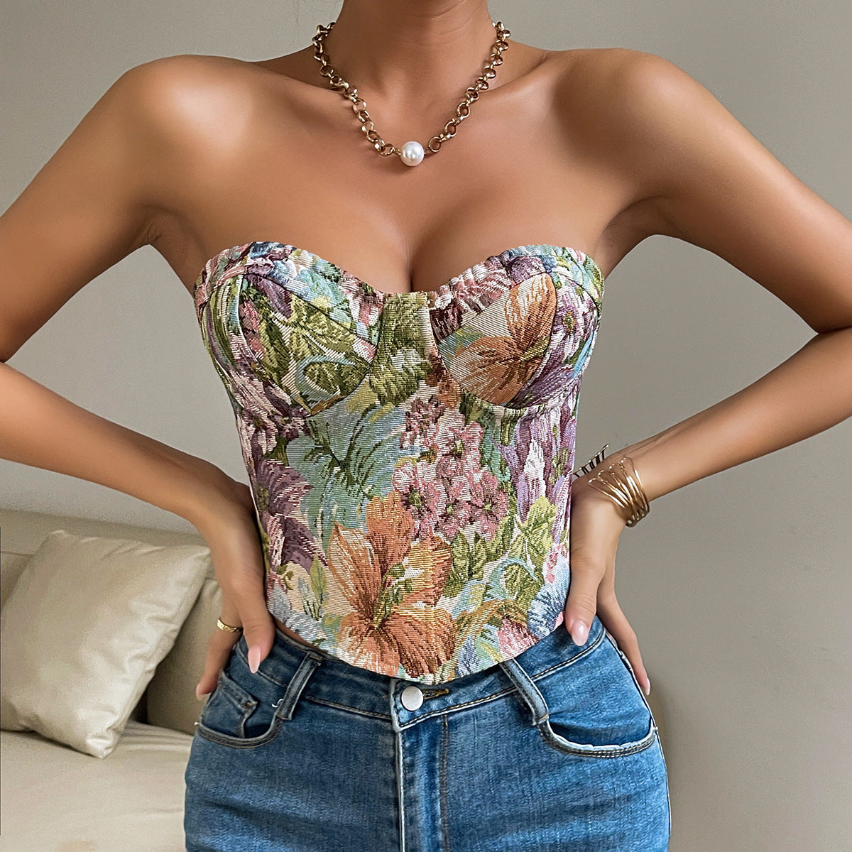 Floral Print Tube Vest Corset Top With Back-tied Design