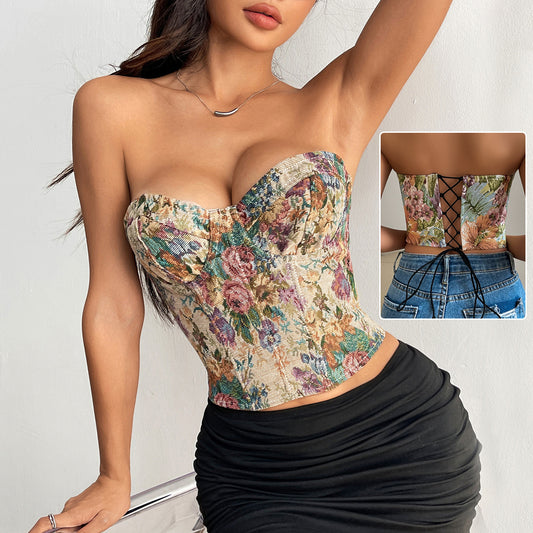 Floral Print Tube Vest Corset Top With Back-tied Design