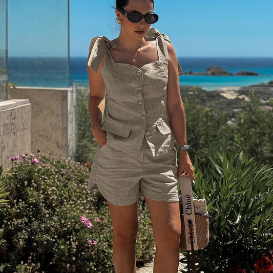 Cotton Bow Suspenders Vest Loose Shorts Two-piece Set